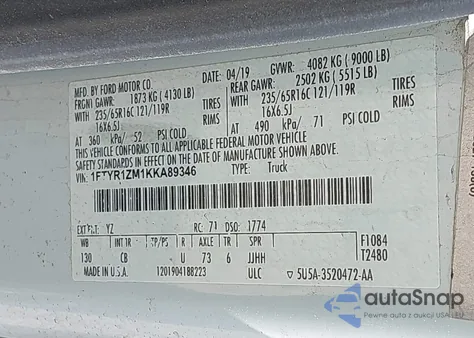 2019 Ford Transit-250 из США, поврежденный, VIN 1FTYR1ZM1KKA89346